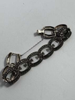Vintage Sterling Silver Marcasite Open Oval Link Bracelet Chain Judith Jack